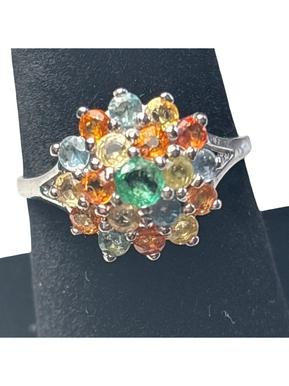 Multicolor Gemstone Cluster Ring Sapphire & Tourmaline 925 sterling silver 7
